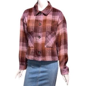 NWT For The Republic Purple Brown Plaid Cropped Boxy Shacket XL